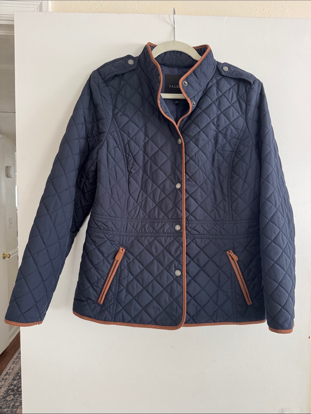 Talbots Navy Quilted Utility Jacket with Brown Trim